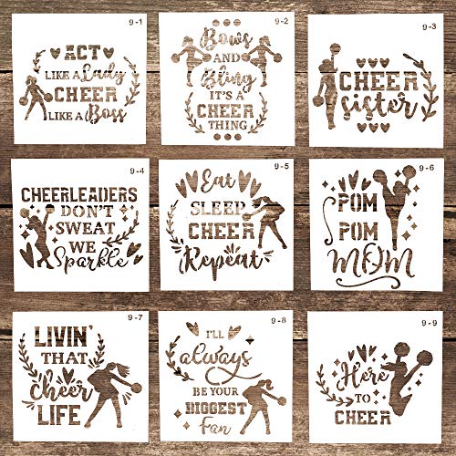 DIY Decorative Reusable Letter Stencil Template for DIY Crafts Scrabooking Painting on Cake, Wood,Canvas,Floor,Wall,Tile (5.9 x 5.9 Inch), Set of 9 (Cheerleader)