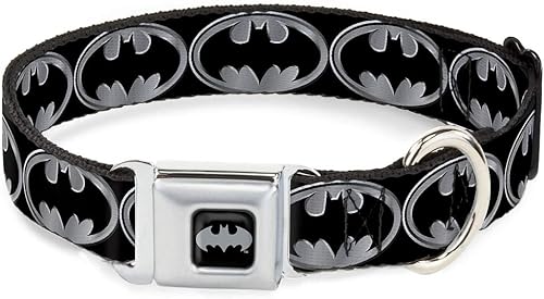 Buckle-Down Collar de perro Hebilla de cinturón de seguridad Batman Shield Negro Plata, 1 pulgada de ancho - Se adapta a cuello de 11-17 pulgadas -