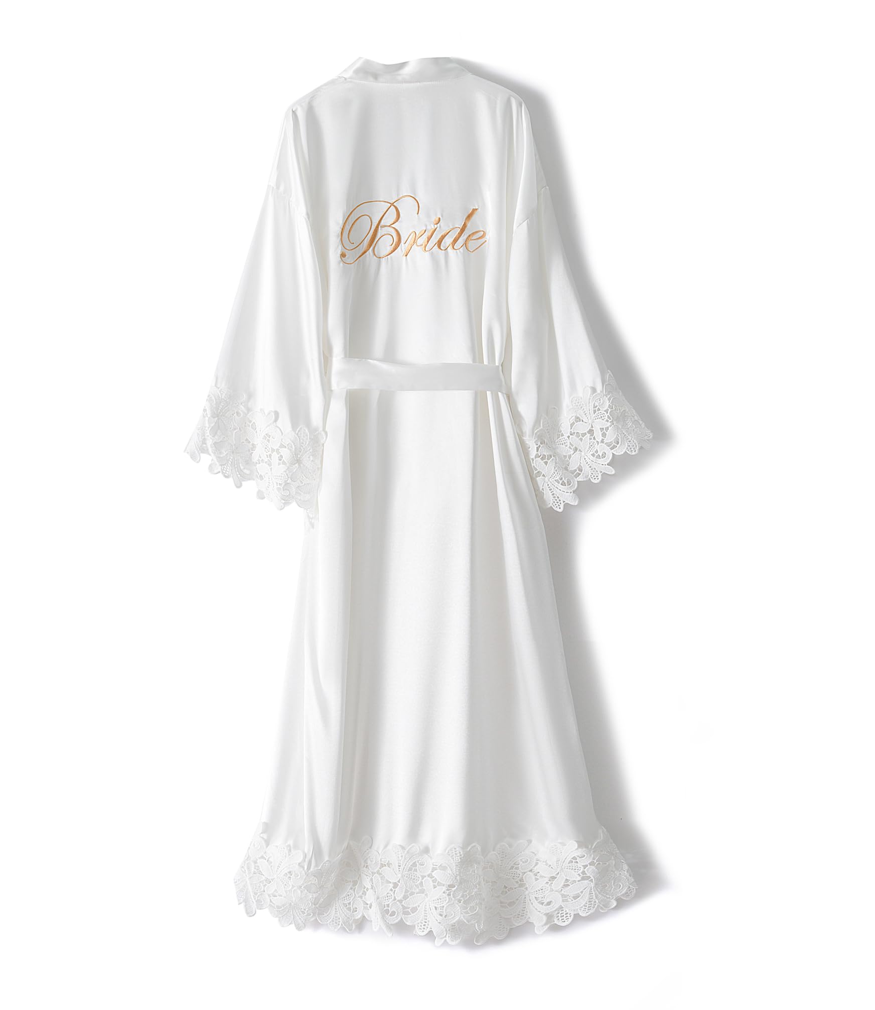 VOGUEMAX Womens Lace Trim Bride Bridesmaid Silky Kimono Robe, White, One Size, Model VM-white-bride