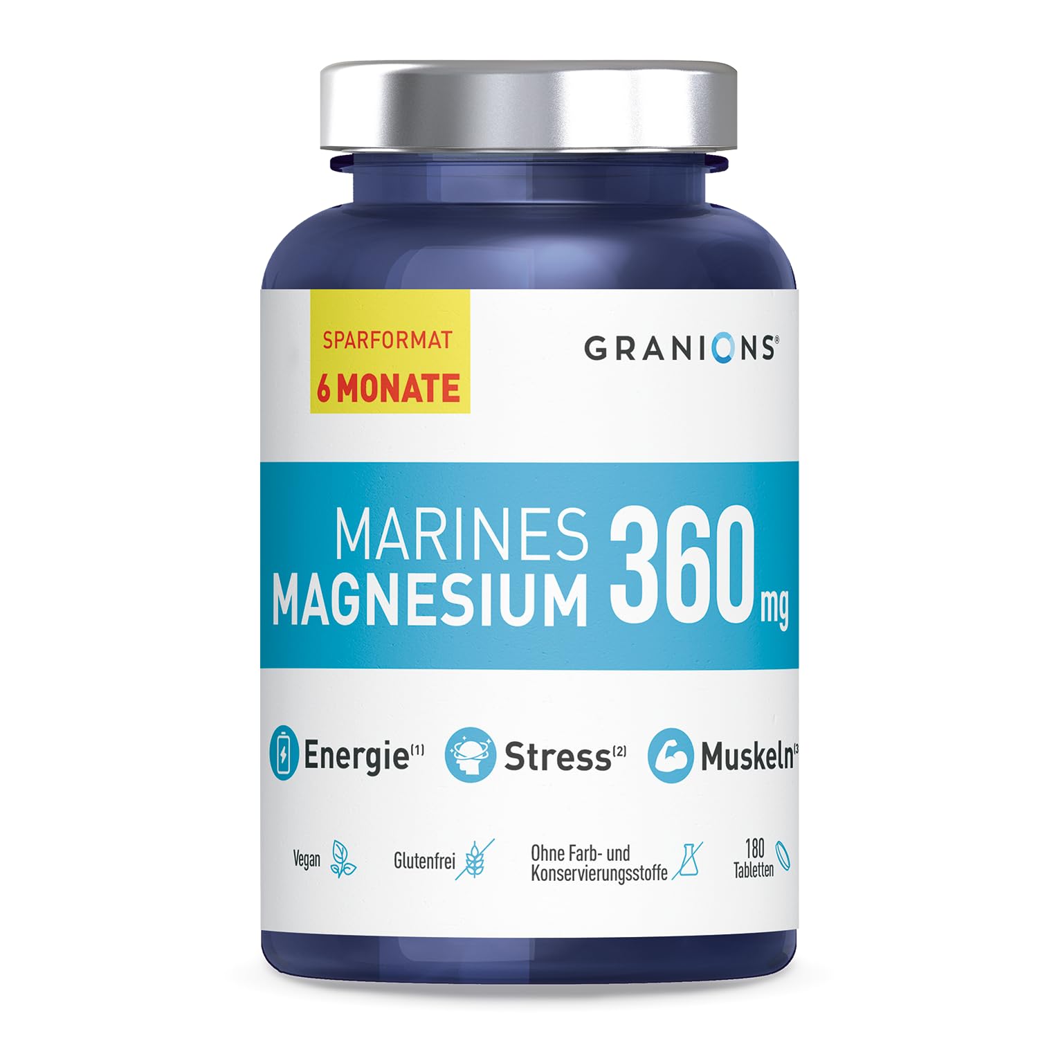 Magnesium hochdosiert Kapseln 360mg – 180 Tabletten – 6 Monate Vorrat – Magnesium Komplex mit Vitamin B6 – für Muskeln, Energie & Anti-Stress - GRANIONS