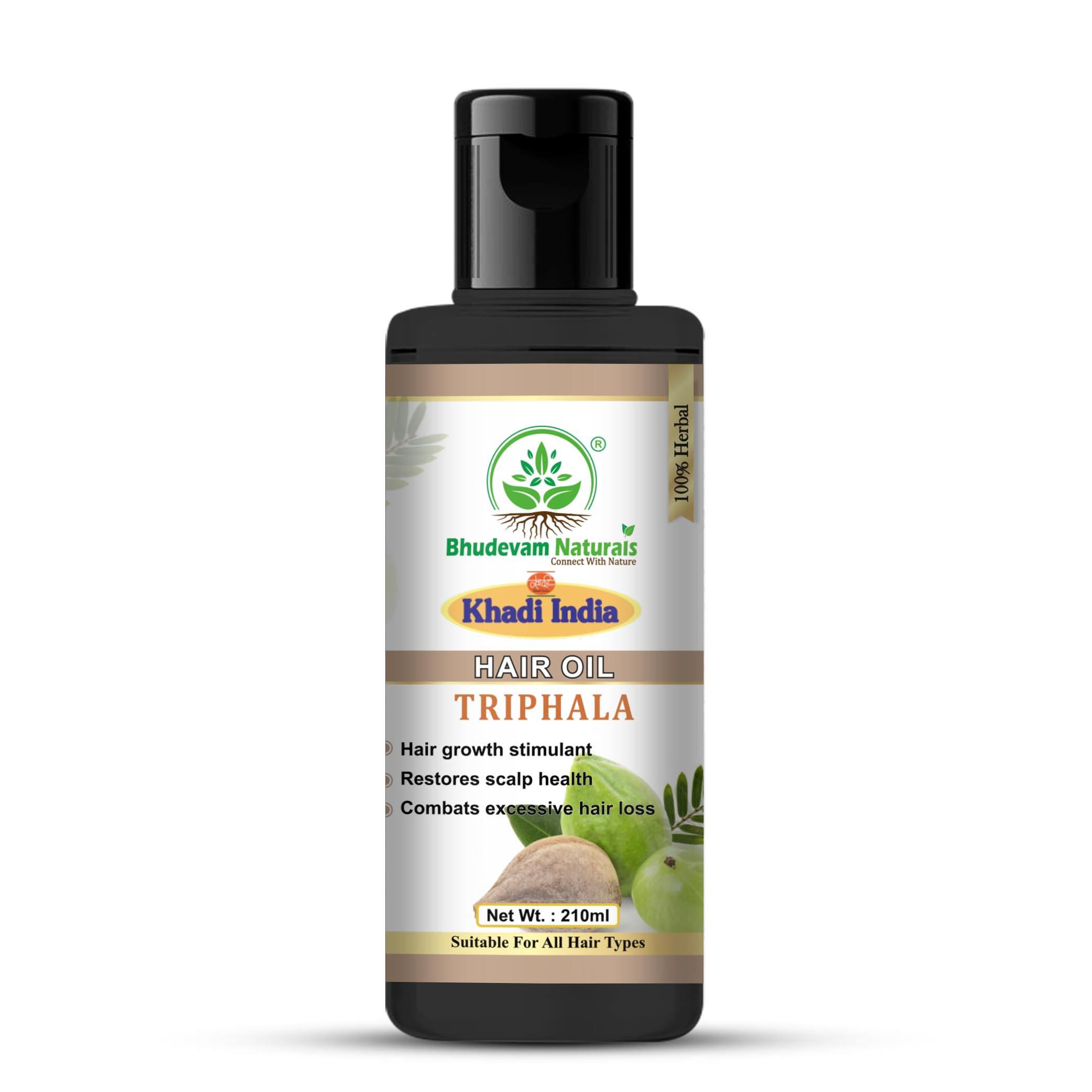 Khadi 100% Herbal Triphala Hair Oil | Reduces Hair Fall & Promotes Healthy Growth By Bhudevam Naturals | Helps Control Hair Fall for All Hair Types 210ML-image-0