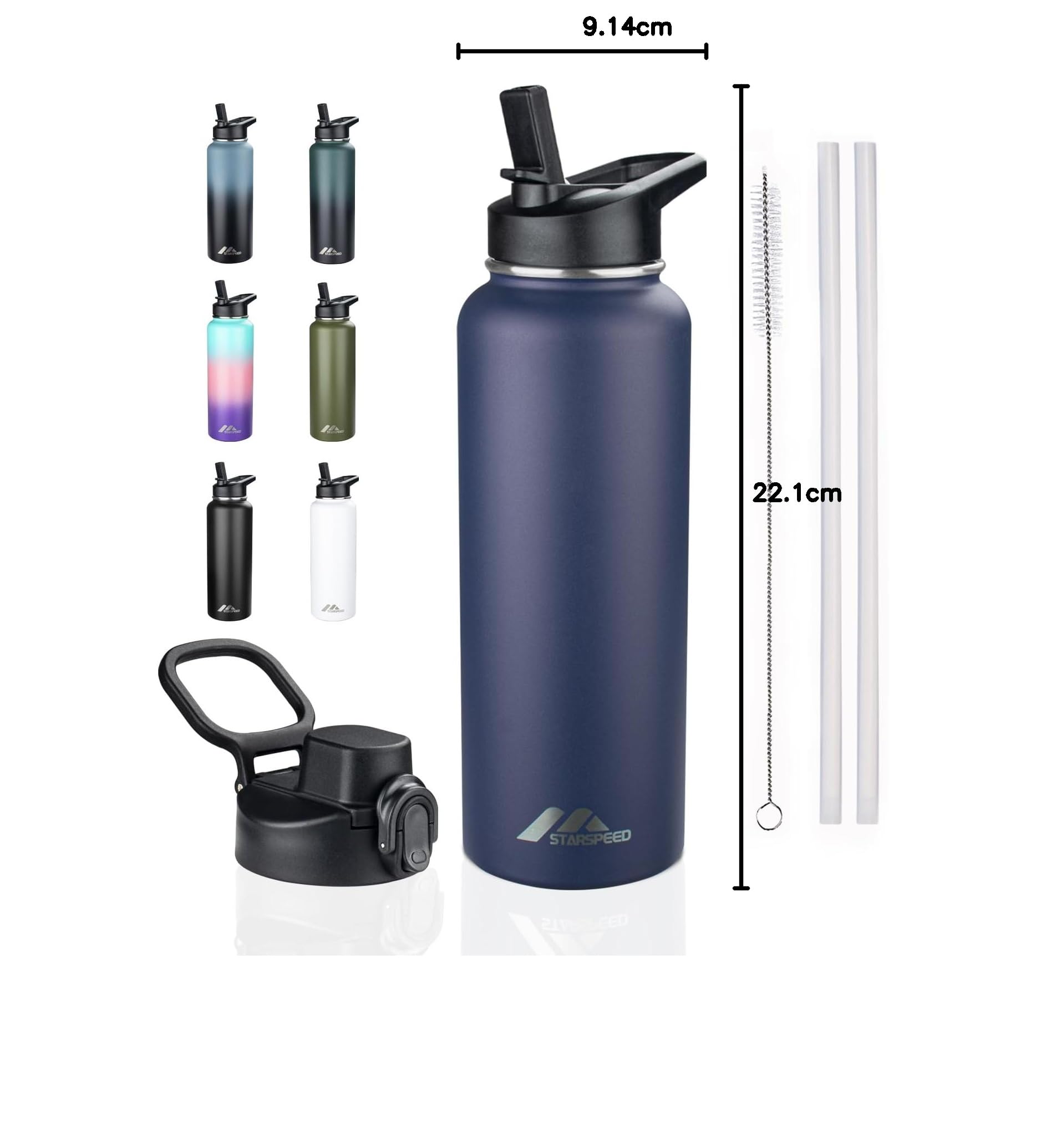 StarSpeed Isolierte Wasserflasche, Edelstahl, doppelwandig, Vakuum-Wasserkrug, 1,2 l, breite Öffnung, Sport-Thermobecher mit Trinkhalm-Deckel für heiße und kalte Flüssigkeiten, 1,2 l