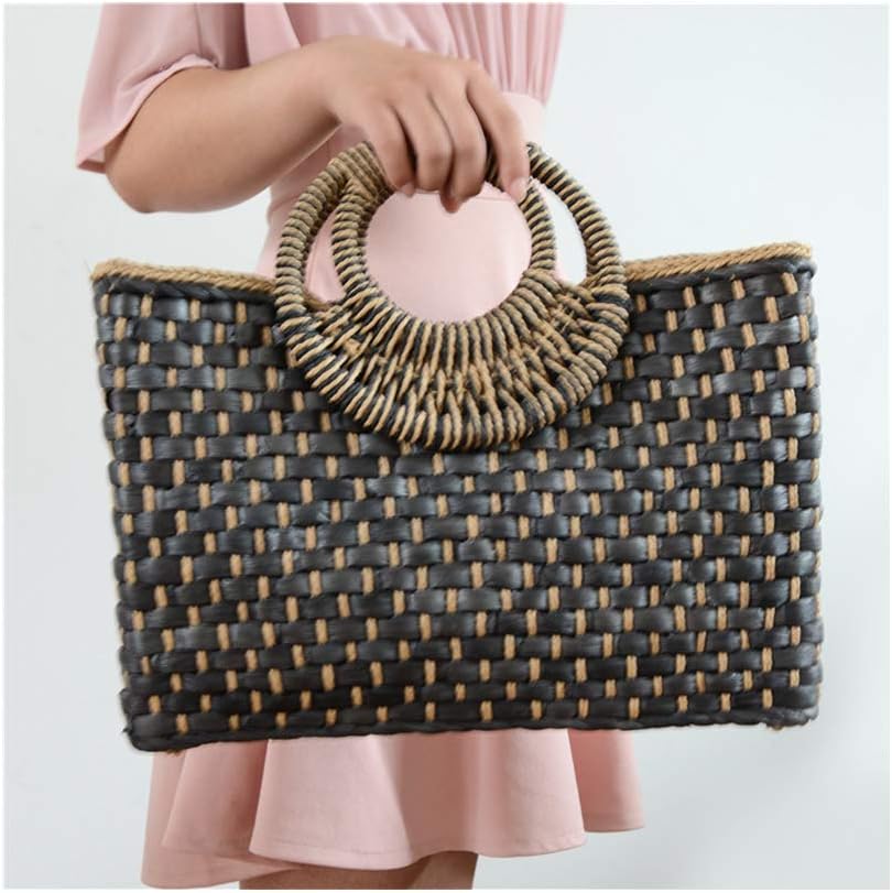 Women Summer Retro Straw Bag with Zip Hand-woven Beach Handbag Top Round Handle Boho Tote Bag Shopping and Travel Large Bag (Black) - Image 6