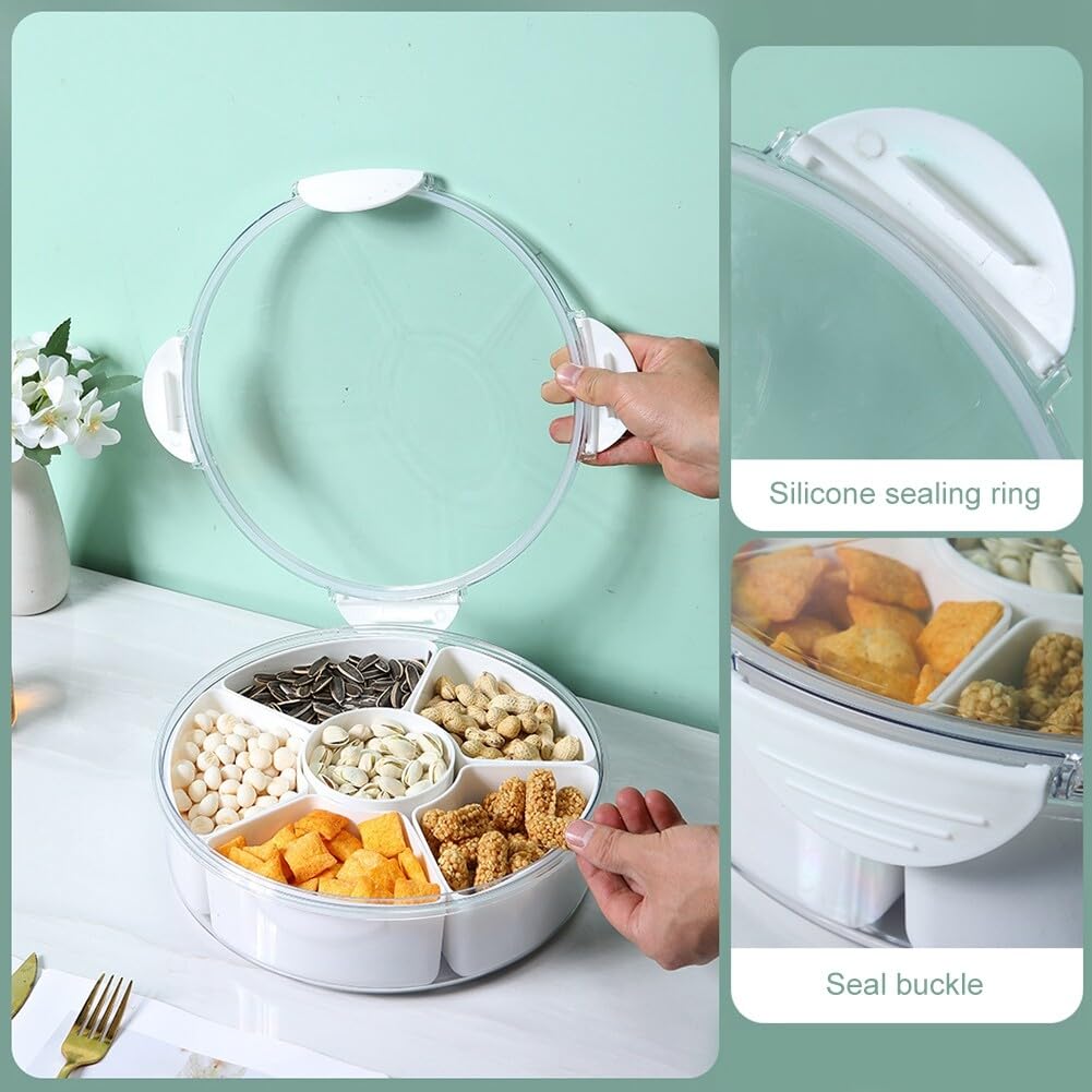 Contenitore per snack multi scomparto con coperchio, rotondo, in plastica, a 5 sezioni, per caramelle, noci, dolci e snack, perfetto per feste e raduni