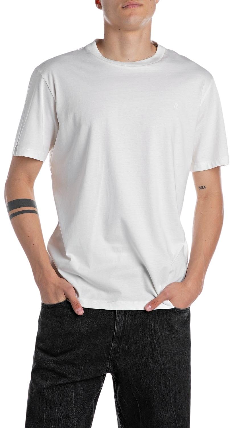 Replay Camiseta básica para Hombre Cuello Redondo Manga Corta, 011 Natural White, L