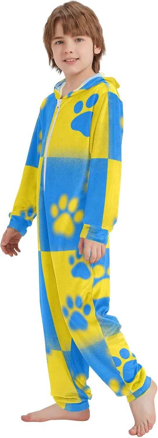 Blue Yellow Checkers Dog Paw Prints (2) Unisex OnesieZip Up Hooded One-Piecing Jumpsuitsfor Christmas Home