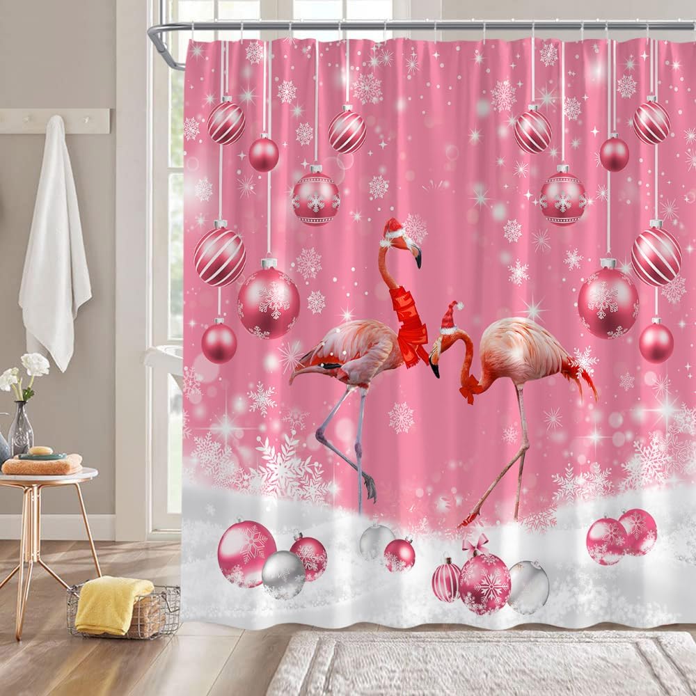 Merry Christmas Shower Curtain Pink Xmas Ball Flamingo