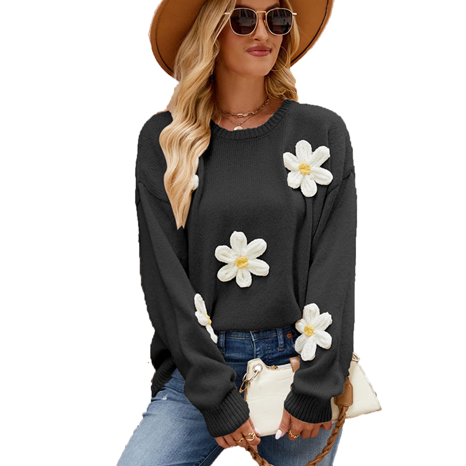 Oversized Sweaters for Women Crew Neck Long Sleeve Pullover Knit Flower Sweater Casual Trendy Tops Fall Clothes