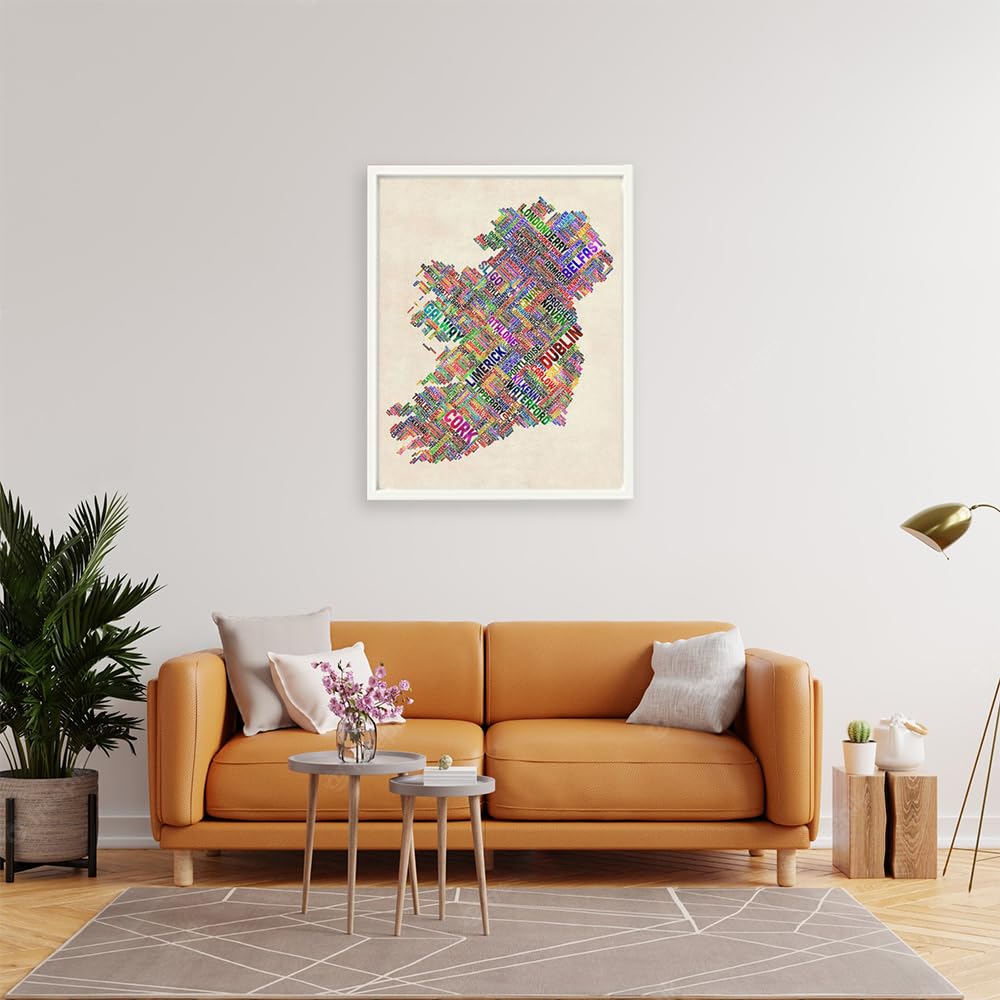VERRE ART Printed Framed Canvas Painting for Home Decor Office Wall Studio Wall Living Room Decoration (22x34inch White Floater) - Ireland Eire City Text Map