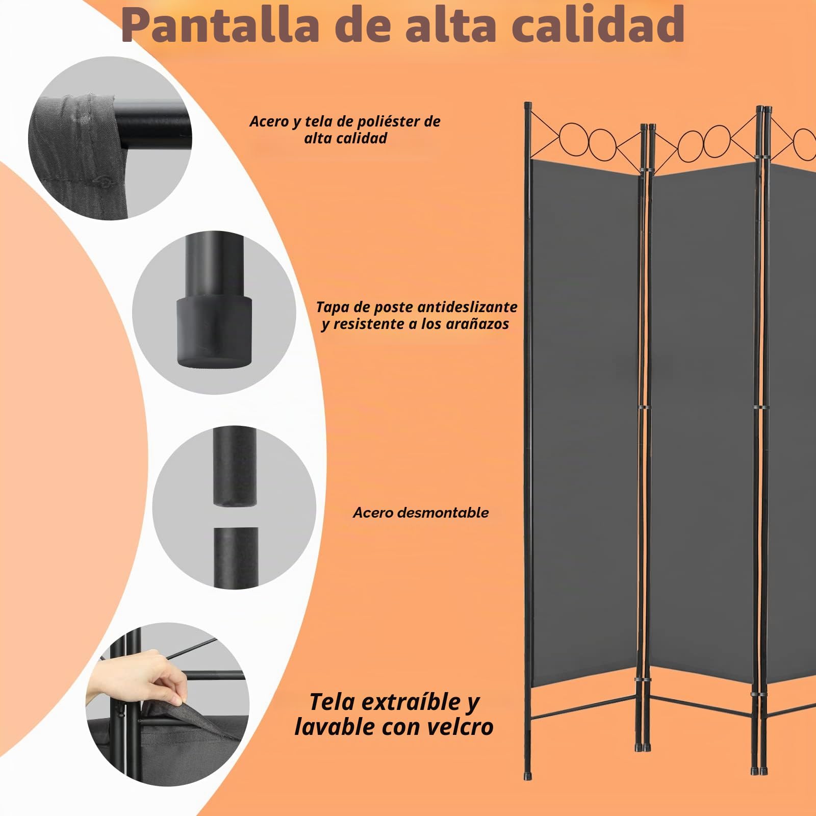 Todeco Biombo Interior Gris 4 Paneles 160x180cm | Separador plegable poliéster, pantalla privacidad espacios, apto oficina estudio hogar, fácil plegado almacenamiento