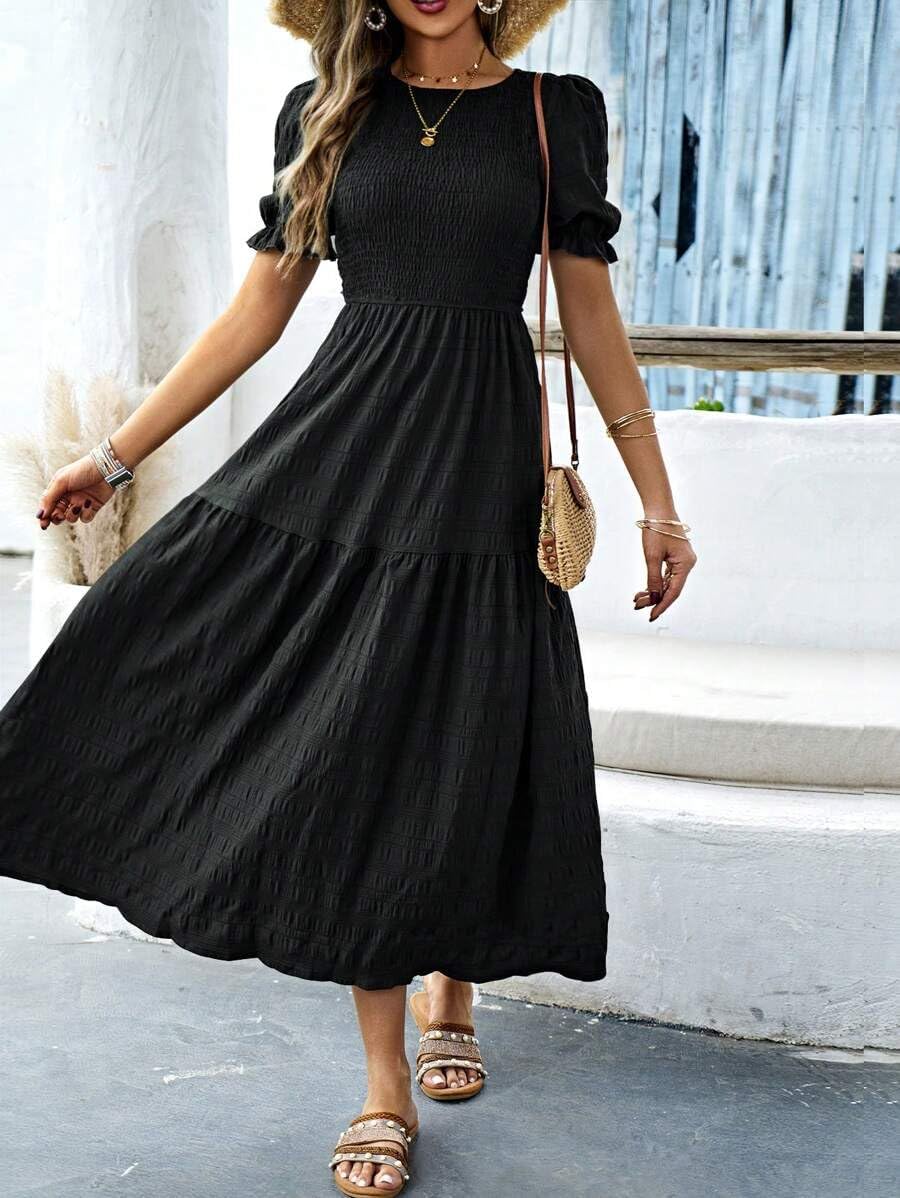 LIGHT DOT Women's Short Sleeve Maxi Dresses Modest Smocked Dress Casual A-Line Tiered Flowy - Image 5