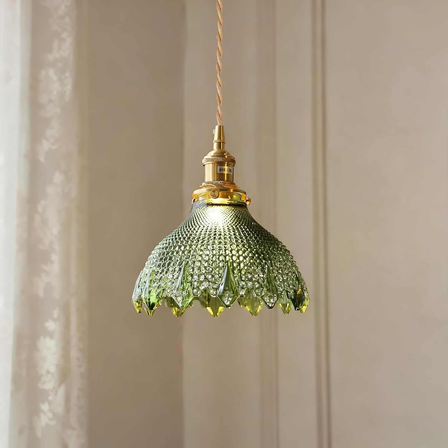 Modern Green Glass Pendant Light – Handcrafted Vintage Hanging Light, Textured Floral Shade, Brass E26 Socket, Hardwired Adjustable Fixture for Kitchen, Bar, Hallway, Reading Nook