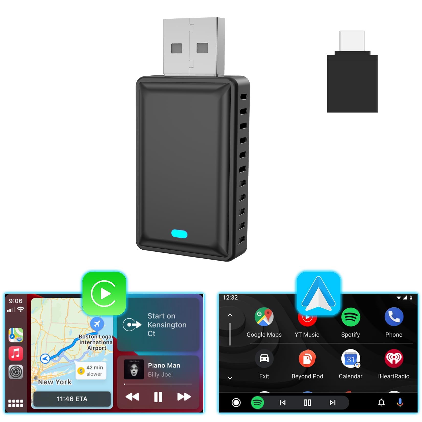 2IN1 Wireless CarPlay Android Auto Adapter Mini USB Dongle, Plug & Play Wireless CarPlay Adapter with USB Port Convert Wired to Wireless CarPlay Dongle, for All Factory Wired CarPlay Cars