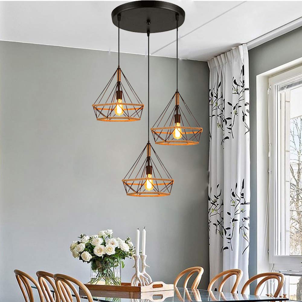 STOEX 3 Luces Lámpara de Techo Colgante Retro Industrial Luz de Araña Diamante Estilo Loft para Cocina Comedor Pasillo Sala de estar, Negro