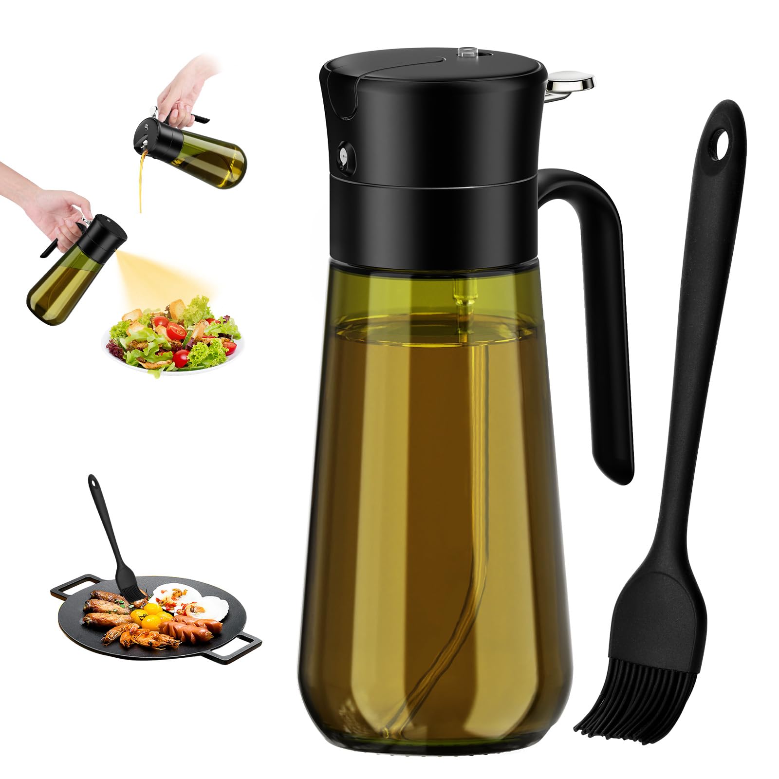Euqvunn 2-in-1 Oil Spray Bottle with Basting Brush, 580ml Light-Proof Glass Olive Oil Dispenser to Preserve Freshness, Ideal for Salad, Baking, Grilling, and Air Frying