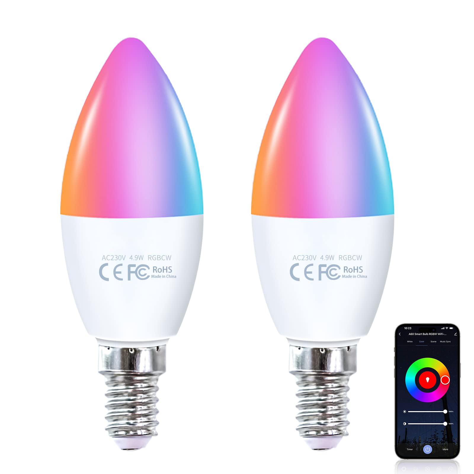 Fitop Alexa Smart Glühbirnen, E14 Wlan LED Lampen Dimmbar Glühbirne 4.9W 470Lm, 2700-6500K, RGB 16 Millionen Farben, App Steuern Kompatibel mit Alexa/Google Home, Sprachsteuerung 2 Pack