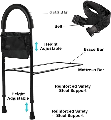 Miniatura 3 de PENNYNANA Barra de asistencia para cama con bolsillo de almacenamiento, barra de cama ajustable en altura para personas mayores, fácil de entrar o