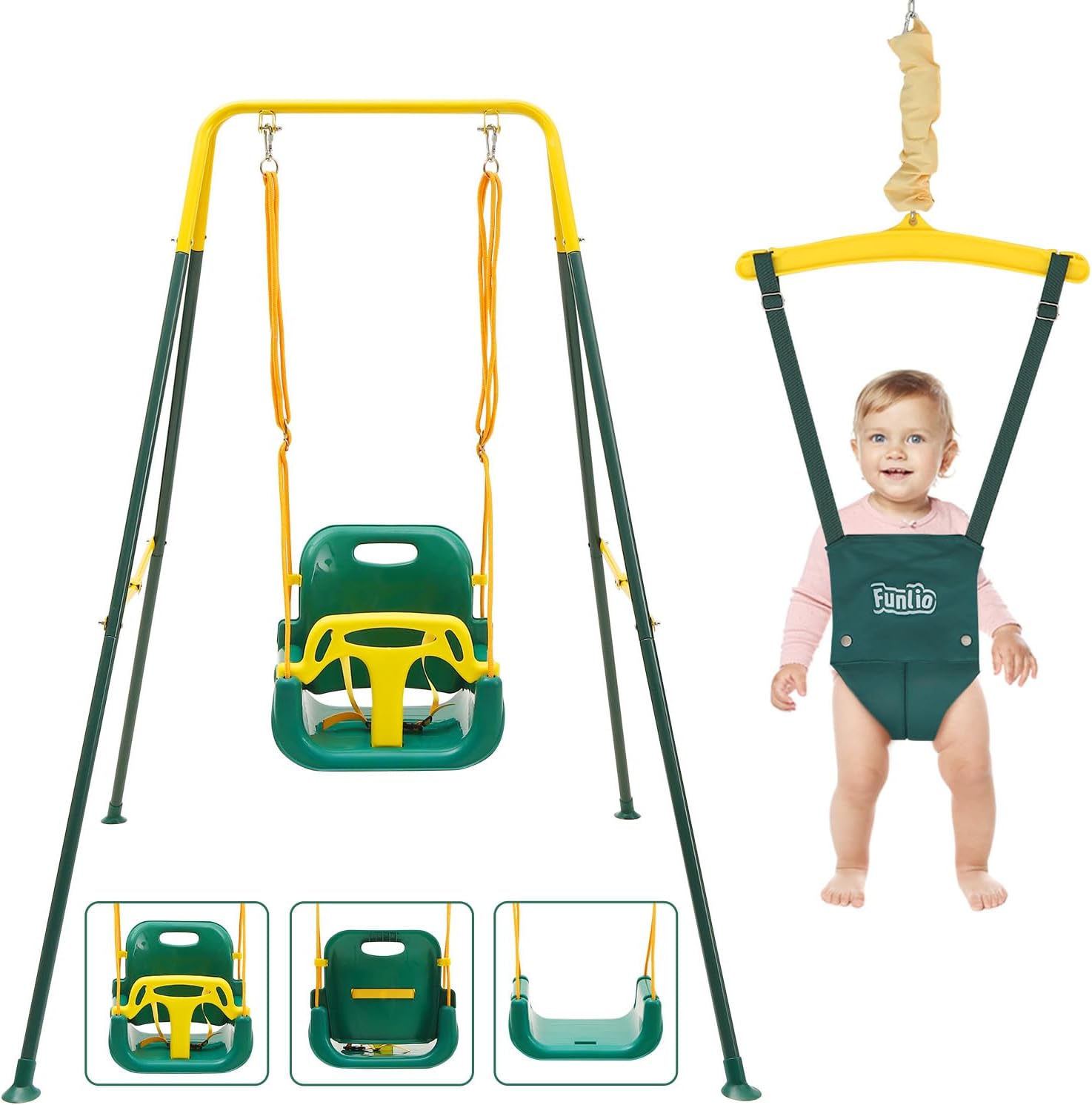FUNLIO 2 in 1 Swing Set for Toddler & Baby Jumper, Heavy Duty Kids Swing & Bouncer with 4 Sandbags, Foldable Metal Stand for Indoor/Outdoor Play, Easy to Assemble and Store - Green