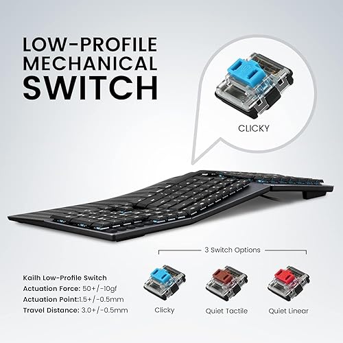 Miniatura 7 de Perixx PERIBOARD-535BL - Teclado mecánico ergonómico con cable de tamaño completo, interruptores azules de perfil bajo, función programable con