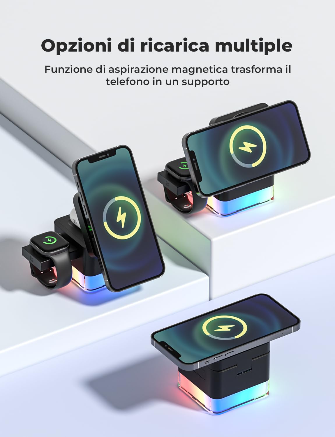 Caricatore Wireless 4 in 1, Qi Ricarica Rapida, Caricatore Compatibile Con Lampada da Comodino, per iPhone Serie 12/13/14/15/16, Airpods 2/3/Pro, iWatch
