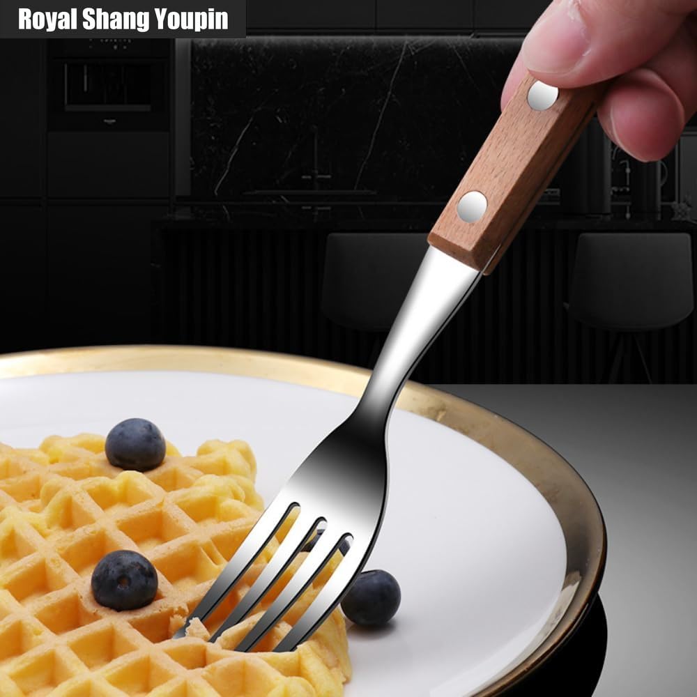 Manico in Legno Massello Cucina Acciaio Inossidabile Posate Stoviglie Posate Coltelli Forchette Cucchiai Set Coltello Da Bistecca Per La Casa Cucchiaio Da Dessert (A,20 pezzi)