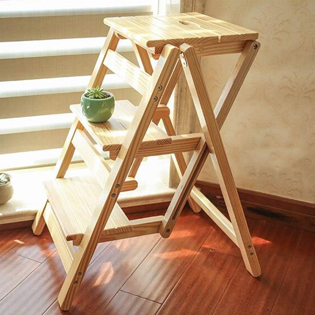 Moveable 3 Steps Ladder Stool Folding Staircase Chair Storage Shelf Solid Wood Indoor Stepladder Height 66cm,Load Bearing 150kg (Color : Wood Color)
