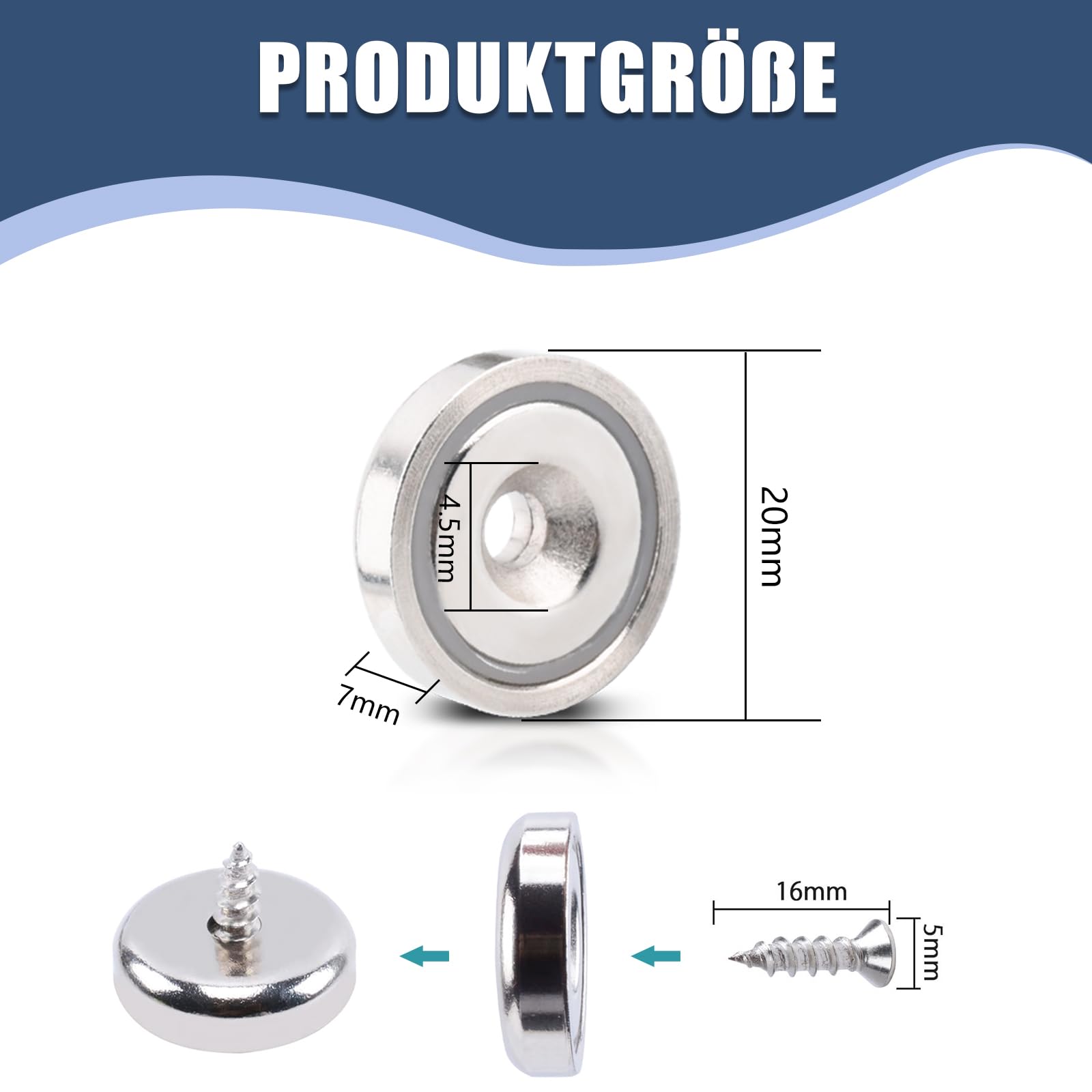 Neodymium magneten, extra sterk, met gat van 10 kg, 20 mm, magneet om vast te schroeven, extra sterk, met schroeven, voor werkplaatsinrichting, accessoires, 15 stuks