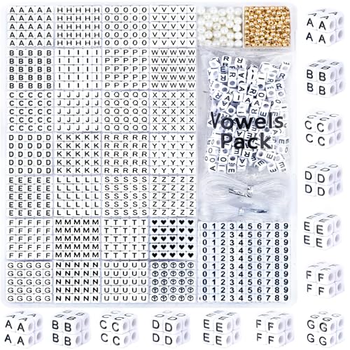 DoDoBeads Alphabet Beads - 1270Pcs Square Acrylic Letter A-Z With Extra Vowels Numbers and Spacers - Ideal for Bracelets Necklaces Friendship Kits