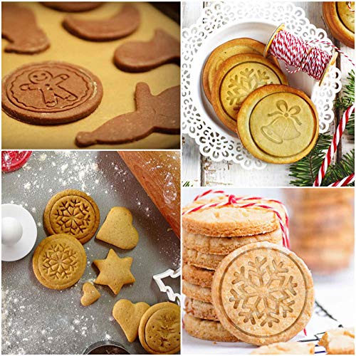 FANGSUN Christmas Cookie Stamps Sets, 6 Silicone Stamps, 1 Stainless Steel Round Cookie Cutter, 1 Plastic Cookie Press (Multi)