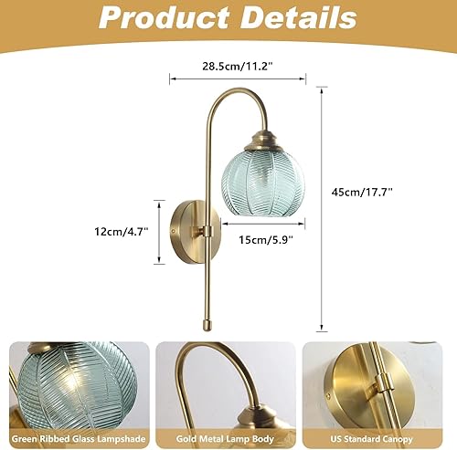 Miniatura 2 de KCO Lighting - Lámpara de pared de cristal verde vintage con brazo de latón cepillado, aplique de globo grande, acabado dorado, lámparas de pared