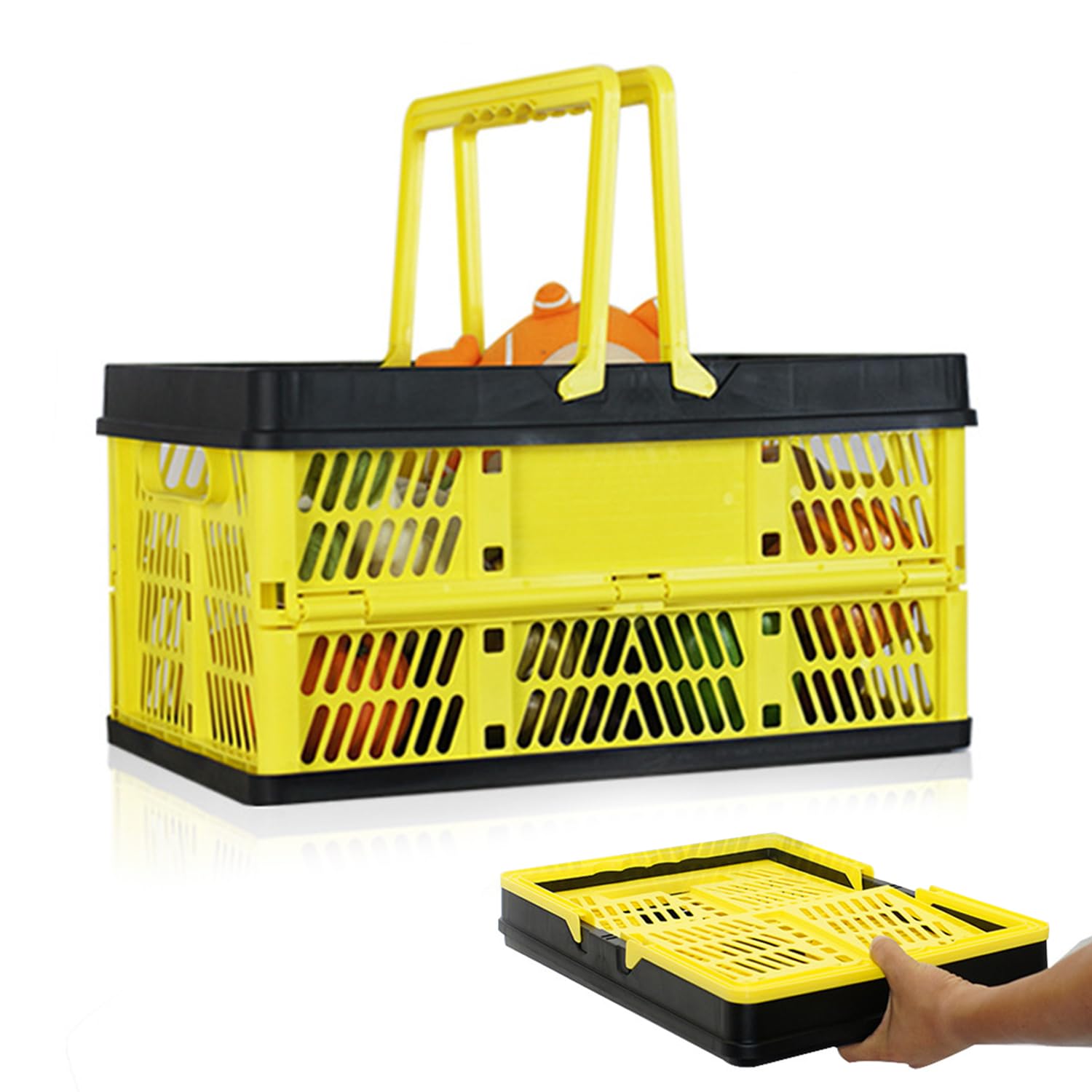 STAYOUNG Storage Crates - Foldable Basket, Plastic Storage Box with Handle, Crate Bin for Desk Organizer Stackable Containers for Home Kitchen Classroom Office Bathroom Storage (Yellow, 11.8x7.9x6.1")