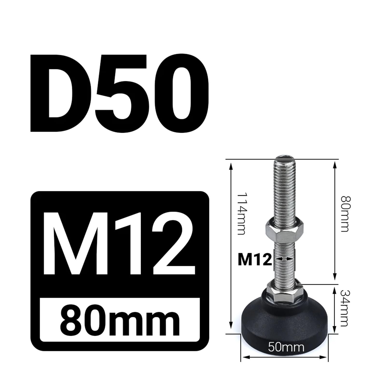 Pies de nivelación, 5 uds., patas de torno ajustables, diámetro de 50mm, niveladores de muebles tipo rosca | D50xM12x80mm