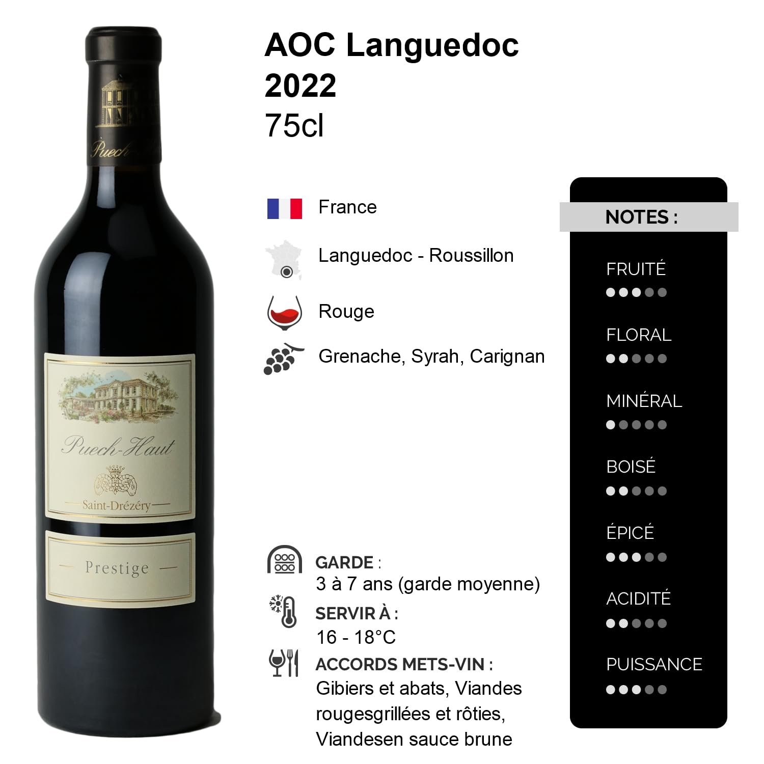 Château Puech Haut Languedoc Prestige - Rouge 2022 - Vin Rouge du Languedoc - Roussillon (3x75cl)