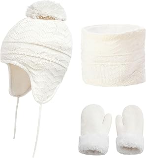 2025 - Chicminie - Conjunto de 3 piezas con gorro, pañuelo, guantes y estampado grueso, braga de punto, retención de calor, resistente al viento, mantiene el calor, para niñas y niños, chal