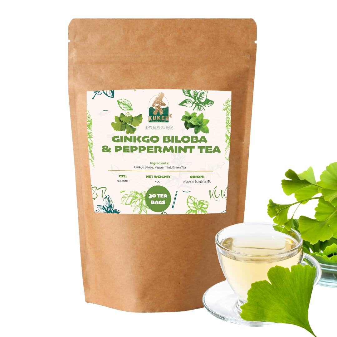 Ginkgo Biloba Tea Mix - Focus with 100% Ginkgo Leaves, Ginkgo with Refreshing Peppermint & Green - Memory for Mental & Physical Health - 20 Ginkgo Biloba Tea Bags, 30g