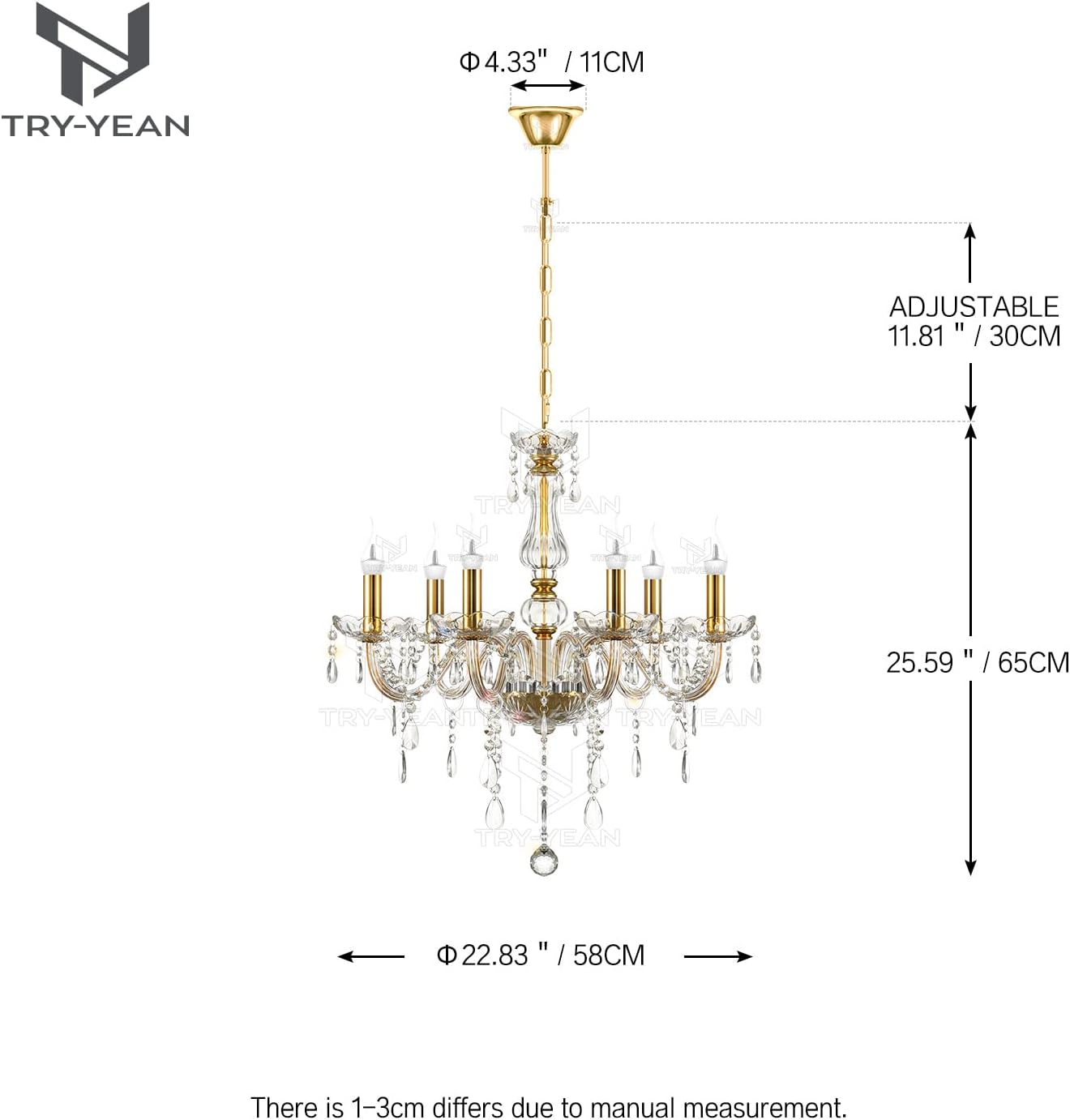 Samger Gold K5 Crystal Chandelier Candle Chandelier Lighting 6 Lights European Style 23in Adjustable Ceiling Pendant Lamp E12 for Dining Room Living Room Bedroom Hallway Entry