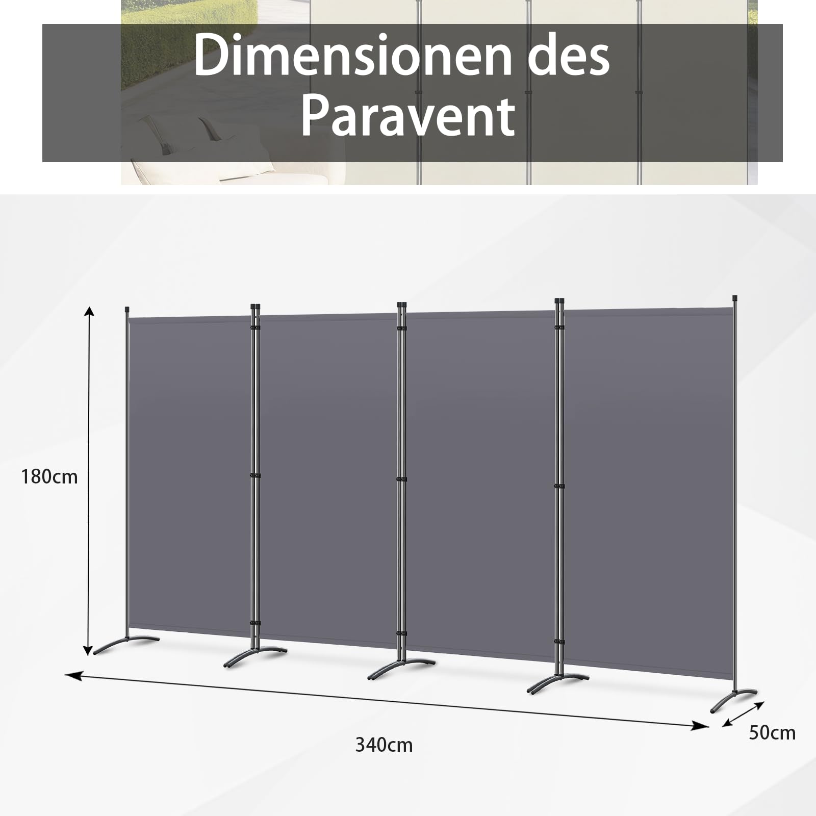 Paravent 4 Teilig Raumteiler Trennwand Balkon Sichtschutz Stellwand Faltbar 345 x 180cm (Grau)