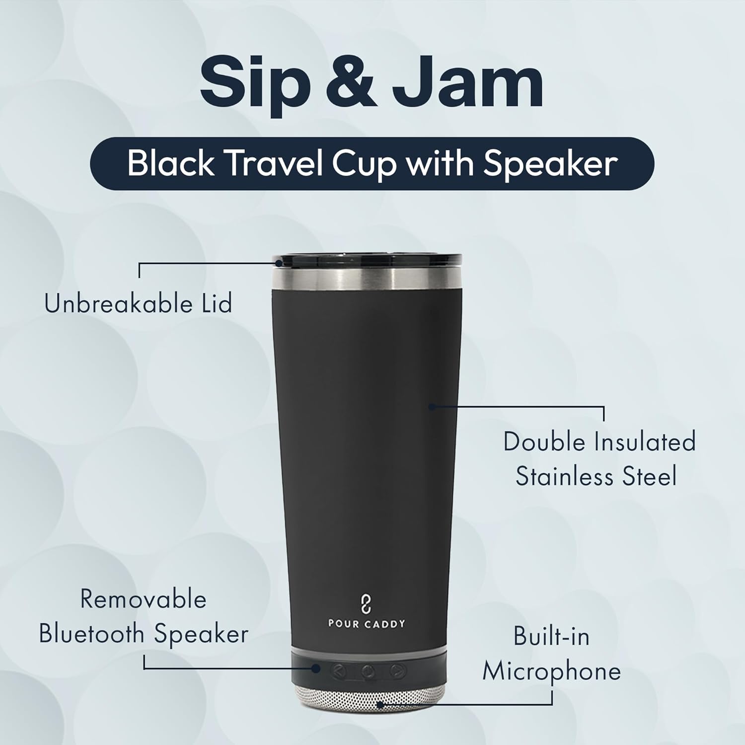 Go Caddy 18 oz Tumbler with Bluetooth Speaker, Insulated Stainless Steel Travel Cup with Lid, Hot & Cold Drink Termos, Removable Speaker with Microphone, Rubber Base, Black - Image 3