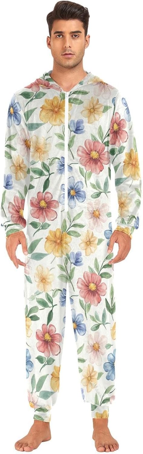 ZZKKO Watercolor Flowers Adult Onesie Pajamas for Women Men Cozy One Piece Pajamas Costume Zip-Up Hooded S-XL