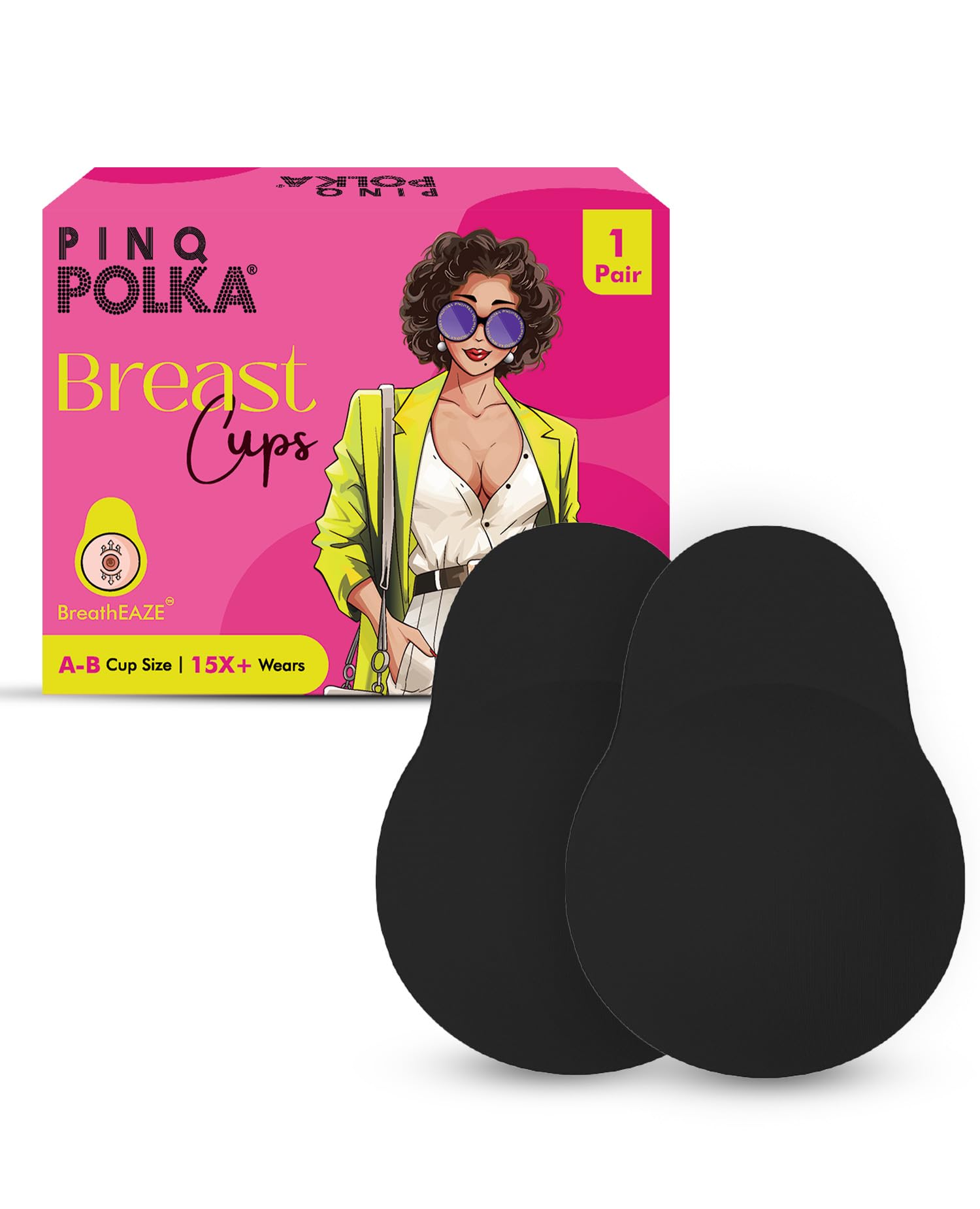 PINQ POLKA Reusable Silicone Bra Lift Cup for Women|Stick on|Invisible |Breast Lift Cups |Skin- Friendly Adhesive|Up to 12 Hrs Sticking Capacity|Reusable Cloth Bag|Black Colour A- B Cup Size - 2 Pcs