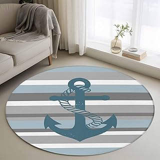 Round Area Rug 48in, Haze Blue Ocean Anchor Floor Carpet for Living Room Bedroom Rug, Coastal Gray White Stripe Washable Soft Non-Slip Floor Mat Entrance Mat