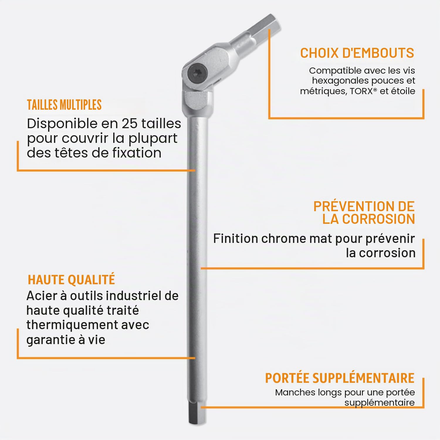 Bondhus K10 HEX-PRO, jeu de clés à tête pivotante tailles incluses : 6 pièces de 3, 4, 5, 6, 8 et 10 mm