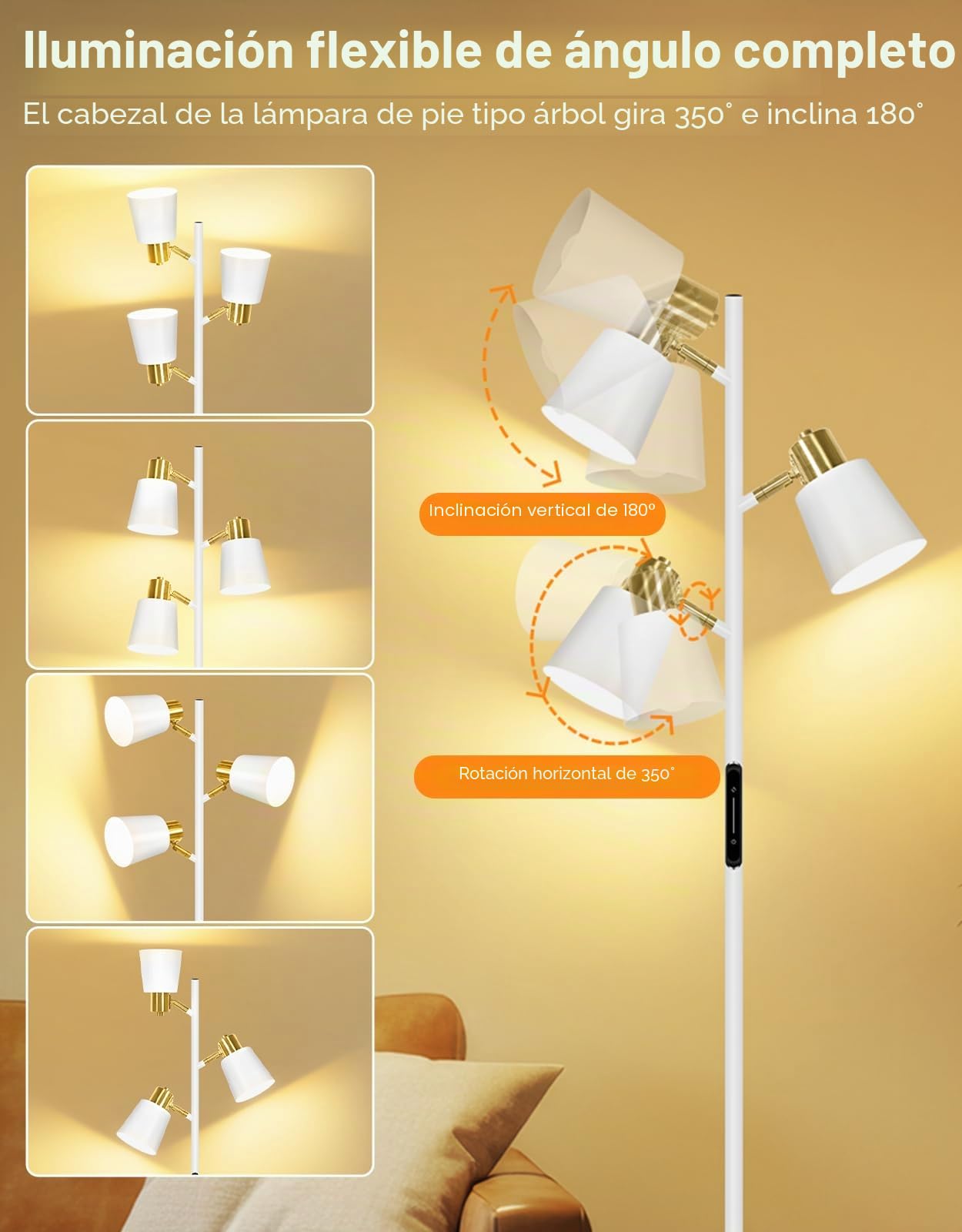 OUTON Lampara de Pie LED Regulable con Control Remoto y Táctil, 36W 2700LM, 4 Temperaturas de Color, 3 Luces Giratorias, Lámpara de Pie Lectura para Sala de Estar, Dormitorio, Oficina, Blanco