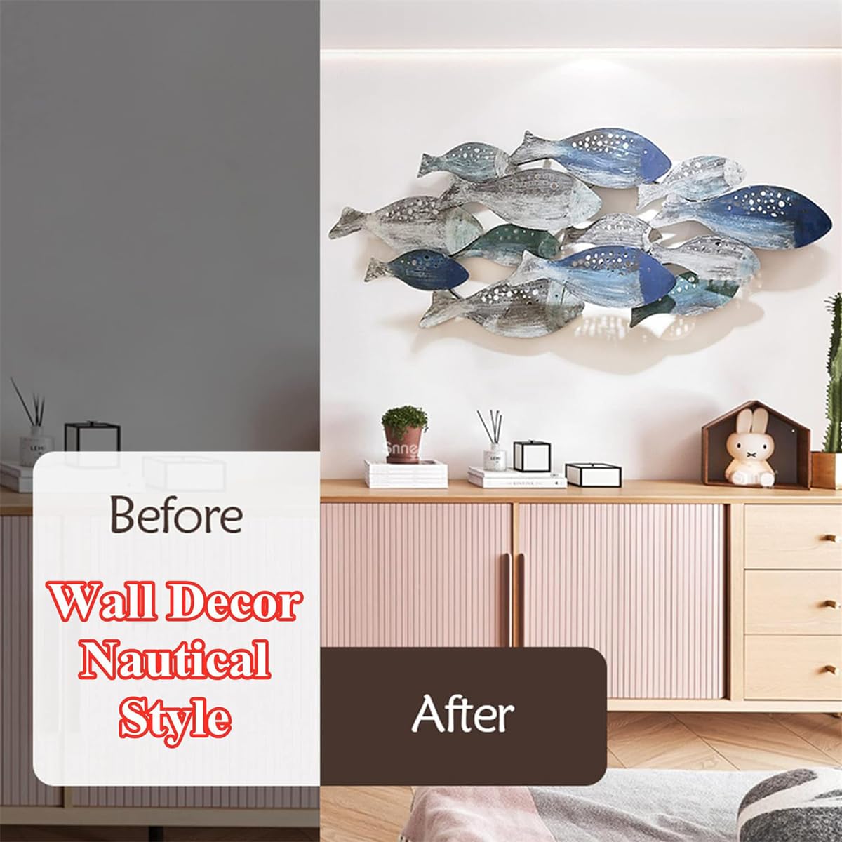 Decorazione Parete Metallica A Forma Di Pesce - Stile Costiero Mediterraneo, Fatto A Mano, 127x50 Cm, Per Soggiorno, Sala Da Pranzo, Ufficio