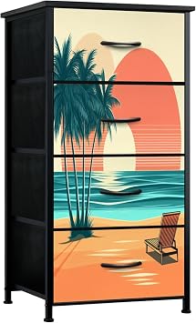 Dresser for Bedroom Tropical Beach Sunset Palm Trees Lounge Chair Small Tall Clothes Dresser for Closet Organizers with 4 Chest of Drawers Fabric Storage Bins Dressers