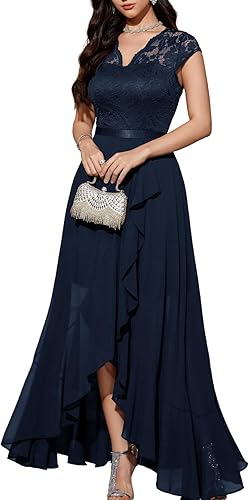 Bbonlinedress Vestido de cuello en V para mujer con encaje floral alto-bajo, para invitadas de boda, graduación, cóctel, fiesta formal y dama de