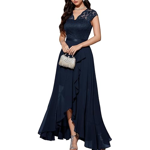 Bbonlinedress Women's V-Neck Dress for Women Wedding Guest Hi-Lo Floral Lace Prom Cocktail Party Formal Bridesmaid Dress