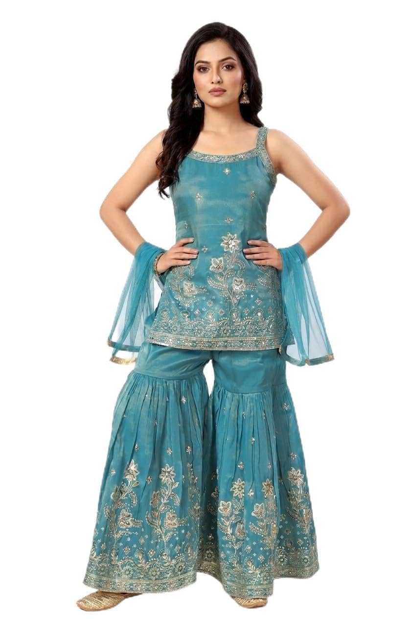 ufb Women's Silk Blend Embroidered Sharara Set with Dupatta | Sleeveless Kurti & Flared Sharara Dupatta Suit Set-picture-40