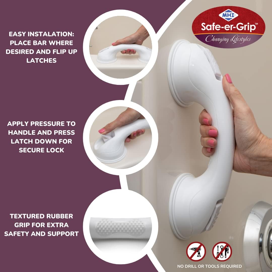 White 12" Suction Cup Bathtub and Shower Grab Bar