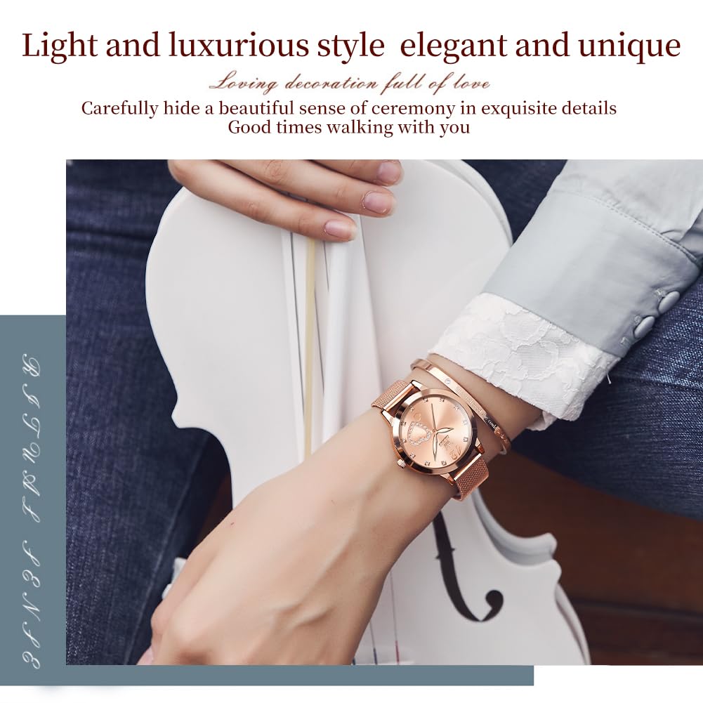 OLEVS Damenuhr Roségold Herz Diamant Schwarz Weiß Quarz wasserdicht Armreif Armband Set